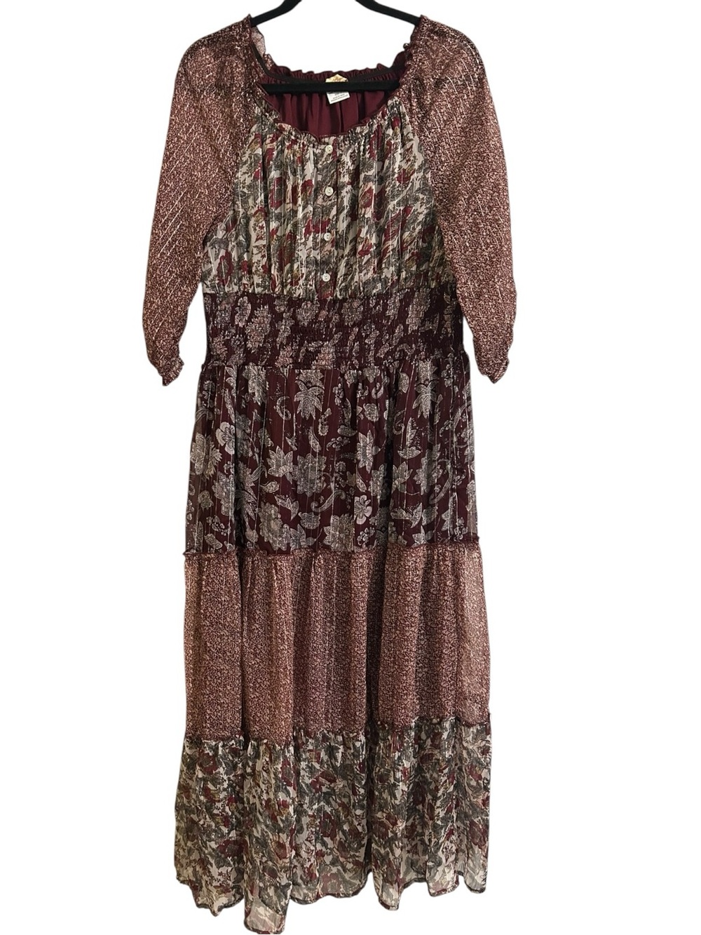 Sweet Magnolia Boho Patchwork Tiered Maxi Dress Burgundy Floral Smocked Size Lar